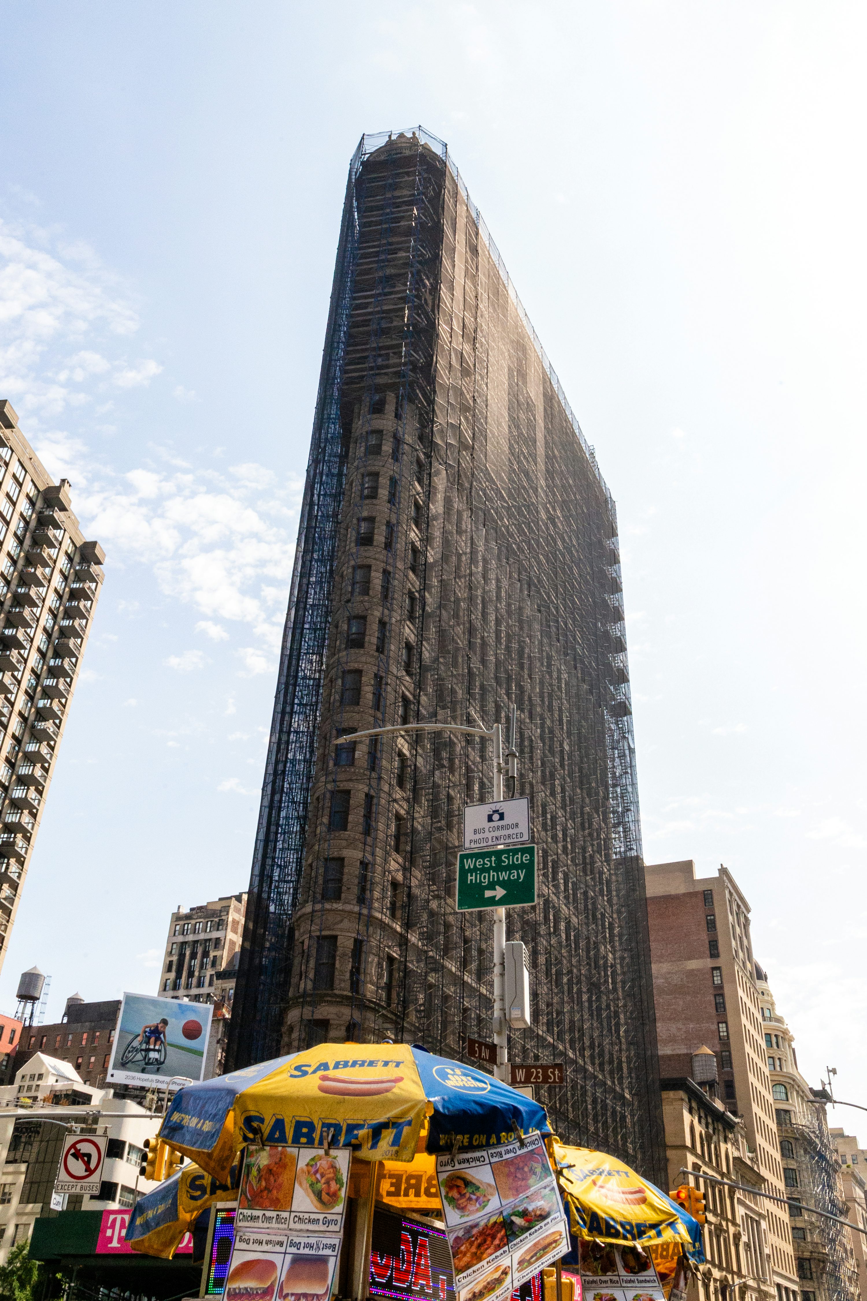 Scaffolded Manhattan building under exterior restoration
